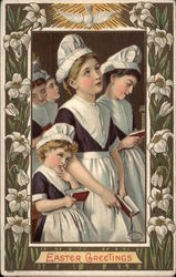 Easter Greetings - Women at Church with Lilies Flowers Postcard Postcard