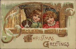 Two Children and a Dog Looking out a Snowy Window Postcard