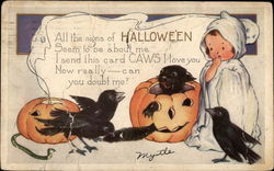 Crows, pumpkins, and little girl ghost Halloween Postcard Postcard