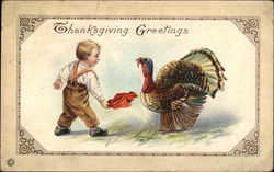 Thanksgiving Greetings - Boy and Turkey Postcard