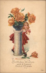 Girl Peeking From Behind a Pedestal With Vase of Yellow Roses Postcard