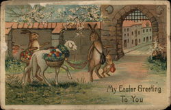 My Easter Greeting To You - Rabbits with Lamb Carrying Eggs With Bunnies Postcard Postcard