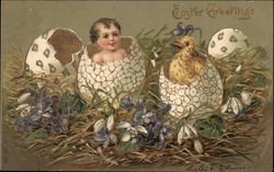 Easter Greetings - Baby and Chick in Eggs With Children Postcard Postcard