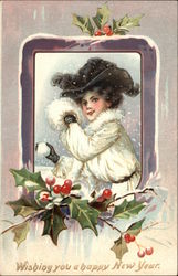 Wishing You A Happy New Year - Woman in Snow with Snowball Postcard