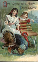 Young Girls With Thanksgiving Turkey Children Postcard Postcard