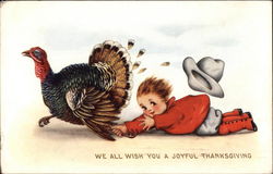 We All Wish You A Joyful Thaksgiving - Boy and Turkey Children Postcard Postcard