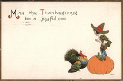 Young Pilgrim standing on Pumpkin looking at Turkey Pilgrims Postcard Postcard