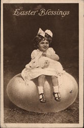 Little Girl Sits on Giant Egg and Holds a Rabbit With Children Postcard Postcard