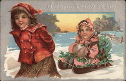 A Joyous New Year - Girls and Sled Postcard