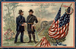 Two Military Generals standing near a Casket and American Flags Memorial Day Postcard Postcard