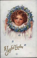 Child Holds Wreath of Blue Flowers With Children Postcard Postcard