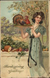 Thanksgiving Greetings - Young Woman with Turkey Postcard