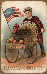 Thanksgiving Greetings - Boy with Turkey in Barrow Postcard