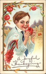 Boy Eating Red Apple Near a Turkey Children Postcard Postcard