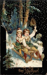 Two Children on A Toboggan Postcard