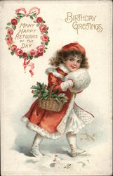 Girl in Red Winter Outfit With Basket of Holly Birthday Postcard Postcard