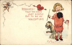 Young girl with Red Paint and Brush standing near dog Children Postcard Postcard