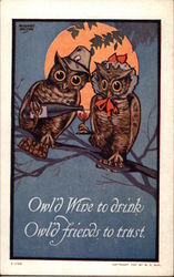 Owl Couple Drinking Wine on a Branch Postcard Postcard