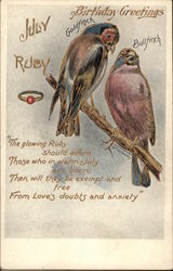 July - Ruby, Goldfinch, Bullfinch Birthday Postcard Postcard