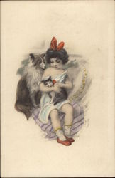 Young Girl with Dog and Cat Girls Postcard Postcard