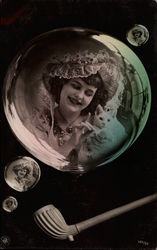 Woman and Cat inside a Bubble with Pipe Fantasy Postcard Postcard