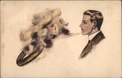 Man Making a Smoke Ring with Woman's Face Tobacco Postcard Postcard