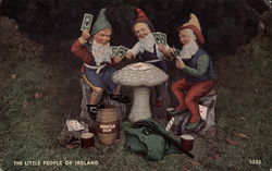 Leprechauns Play Cards Around a Toadstool Irish Postcard Postcard