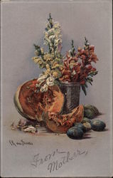 Flowers in Vase surrounded by Fruit Postcard