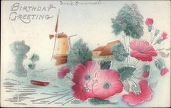 Landscape with Windmill and Pink Flowers Windmills Postcard Postcard