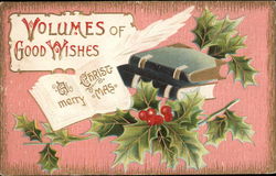 A Merry Christmas - Volumes of Good Wishes - Books and Holly Postcard