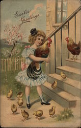 Easter Greetings - Girl with Chicken and Chicks Postcard