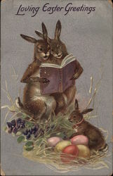 Loving Easter Greetings - Rabbits Reading Book Postcard