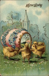 Four Chicks Admire a Decorated Egg With Chicks Postcard Postcard