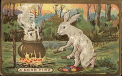 Easter Greetings - A Good Fire - Rabbit with Eggs With Bunnies Postcard Postcard