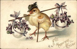 All Happiness for Easter - Chick Carrying Eggs Filled with Violets With Chicks Postcard Postcard