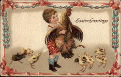 Easter Greetings - Boy with Chicken and Chicks With Children Postcard Postcard