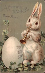 A Cheerful Easter - Rabbit Blowing Trumpet with Egg With Bunnies Postcard Postcard