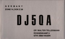 DJ5QA Citizens Band Radio Callsign Hagen, Germany QSL & Ham Radio Postcard Postcard