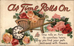 As Time Rolls On Wheelbarrow with Flowers and Clock Postcard