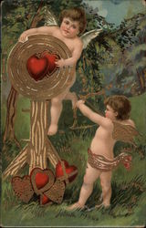 Two Cupids Doing Heart Target Practice Postcard