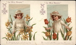 In His Name - Girls with Daffodils and Tulips Postcard