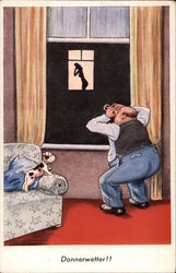 Man Watching Nude Woman With Binoculars Postcard