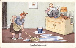 Woman Mopping Floor With Husband on Top of Buffet Postcard