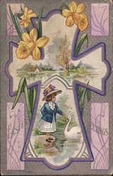 Easter Greetings - Cross with Girl and Swan Postcard