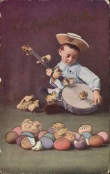 Boy holding banjo surrounded by chicks Postcard