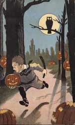 Boy in woods with Jack-O-Lantern Postcard