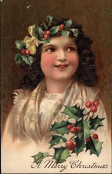 A Merry Christmas - Girl with Holly Children Postcard Postcard