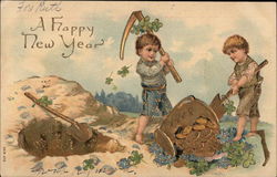 A Happy New Year - Boys digging up treasure Postcard