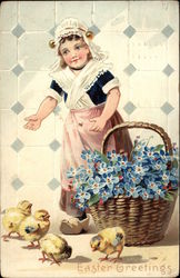 Easter Greetings - Girl with Chicks and Basket of Flowers Postcard