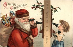 A Happy Christmas - Santa Claus and Girl on the Telephone Postcard